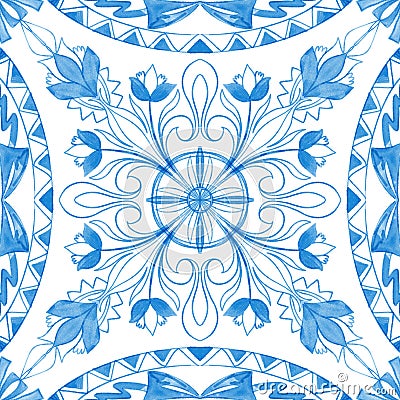 Azulejo tile pattern, Portuguese Spanish Italian traditional mosaic, Mediterranean elegance blue design illustration Cartoon Illustration