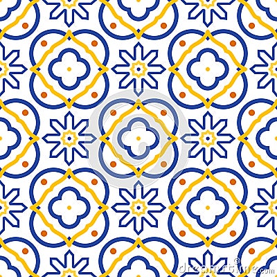 Azulejos blue and white mediterranean seamless tile pattern. Vector Illustration