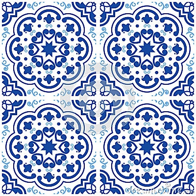 Azulejos Portuguese tile floor pattern, Lisbon seamless indigo blue tiles, vintage geometric ceramic design, Spanish backgr Cartoon Illustration