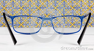 Azulejos Wall seen through a Pair of Eyeglasses Stock Photo