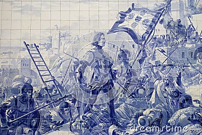 Azulejos on the wall of the Sao Bento Train Station in Porto, Portugal Stock Photo