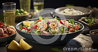 Azure Appetites. The Freshness of Mediterranean Salads and Sea's Delicacies. Generative AI Stock Photo