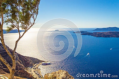 Azure Caldera and boats scene Santorini Cyclades Greece Stock Photo