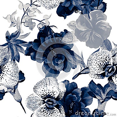 Azure Flower Backdrop. Blue Summer Backdrop. Indigo Seamless Texture. Watercolor Design. Pattern Foliage. Floral Painting. Exotic Stock Photo