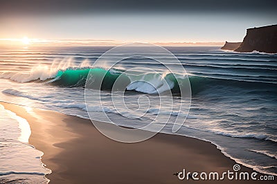 Azure Sea, Glittering Sunset, and a Beach of Fine Sands. AI generated Stock Photo