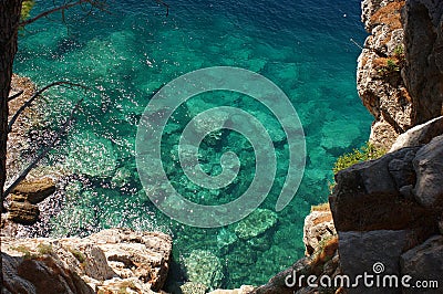 The azure sea, transparent as a tear water, stone rocky shore Stock Photo