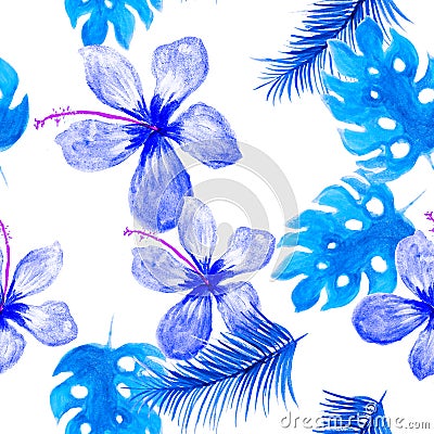 Azure Seamless Exotic. Indigo Pattern Palm. Navy Tropical Background. Cobalt Wallpaper Leaves. Blue Drawing Illustration. Stock Photo