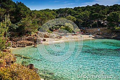 Azure waters and picturesque coastline in the Cala Gat beach, Mallorca Stock Photo