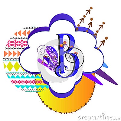 B alphabet. Letter b gradient label. Vector sticker frame using shapes and pattern design. Vector Illustration