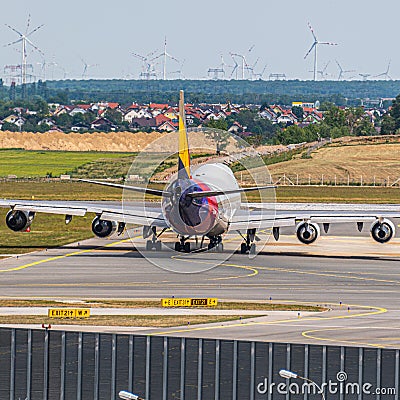 B747 of Asian Airlines, taxing to the RW16 in Vienna Stock Photo