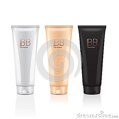 B.B. cream in different color of realistic tubes. Vector mockup of packages of makeup foundation Vector Illustration