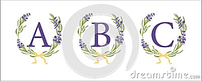 A B C letter. Set modern hand-drawn flat sketch illustrations. Lavender flower wreath with alphabet monogram. good idea Vector Illustration