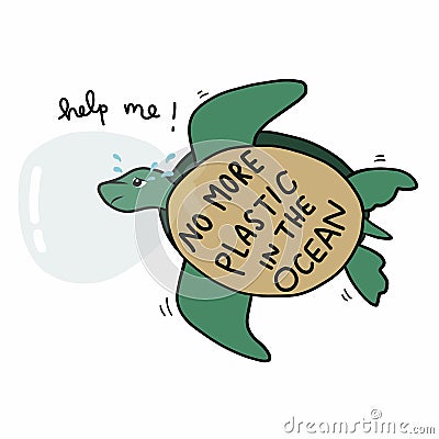 No more plastic in the ocean, sea turtles crying because plastic head struck in plastic bah and asking for help cartoon ill Vector Illustration