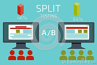A-B comparison. Split testing. Concept with desktop computer Vector Illustration