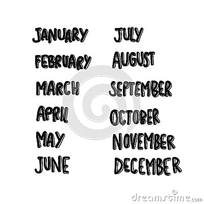 January to December month comic style lettering Vector Illustration