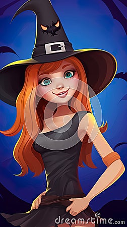 B eautiful witch woman redhead girl in spooky hat. Cartoon Illustration