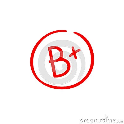 B plus examination result grade red latter mark. Vector Illustration