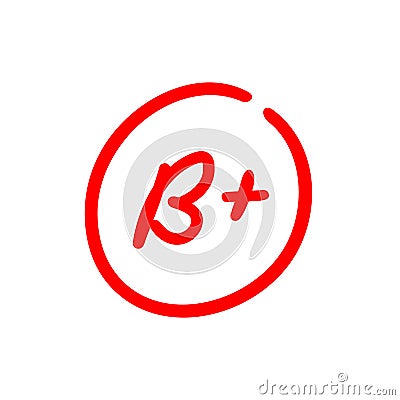 B+ test score, grading system in education, Letter B plus, hand drawn illustration Cartoon Illustration