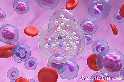 B2 vitamin (Riboflavin) structure in the blood flow – ball and stick closeup view 3d illustration Stock Photo