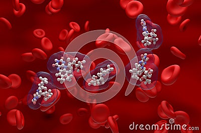 B2 vitamin (Riboflavin) structure in the blood flow – ball and stick isometric view 3d illustration Stock Photo