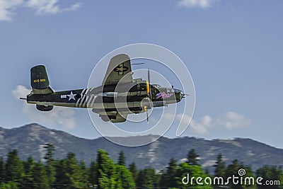 B25 Warbird making low pass over Big Bear City, California Editorial Stock Photo