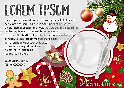 Food dish with chrismas object on wood table Vector Illustration