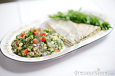baba ganoush and tabbouleh salad side by side on a serving plate Stock Photo