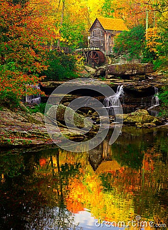 Babcock Mill vertical on a perfect autumn morning Stock Photo