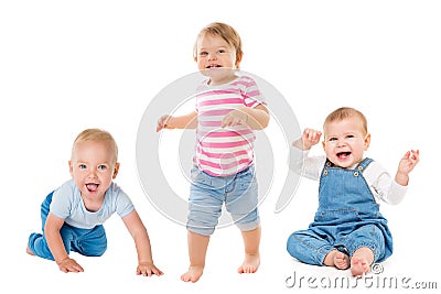 Babies Boys Girls, Crawling Sitting Standing Infant Kids, Growing Toddlers Children Group Isolated on White Stock Photo