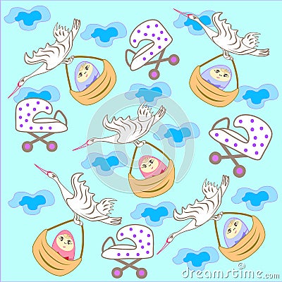 Flying storks with born babies cute print pattern. Vector Illustration