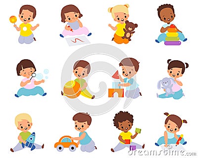 Babies playing with toys. Multiethnic kids hold different items, little boys and girls sitting on floor with car, ball Vector Illustration