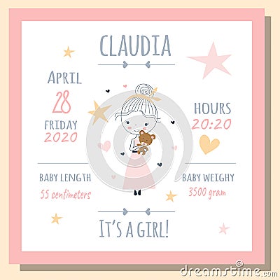 Babies posters with little girl and cute bear, height, weight, date of birth Vector Illustration