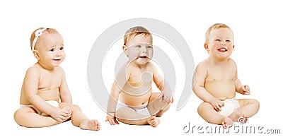 Babies Sitting over White, Toddlers Kids in Diaper, Boy Girl Stock Photo