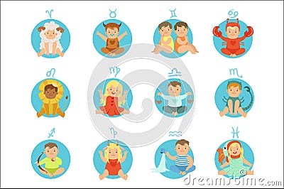 Babies In Twelve Zodiac Signs Costumes Sitting And Smiling Dressed As Horoscope Symbols Vector Illustration