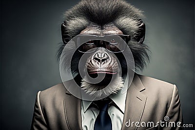 Baboon business portrait dressed as a manager or ceo in a formal office business suit with glasses and tie. Ai generated Stock Photo