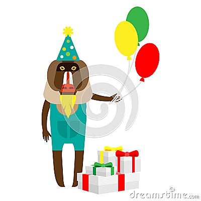 Baboon clown with gifts Vector Illustration