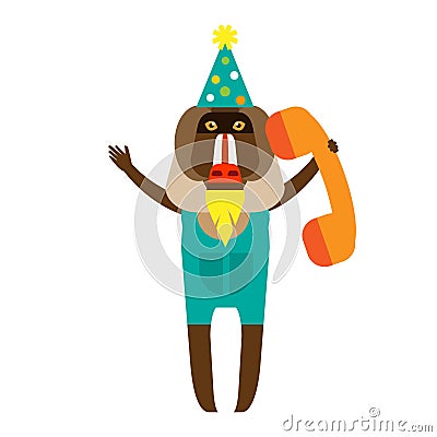 Baboon clown with phone Vector Illustration