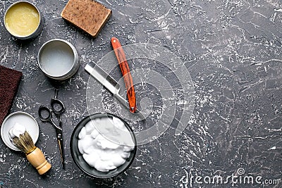 Babrer workplace with tools on gray background top view mock up Stock Photo