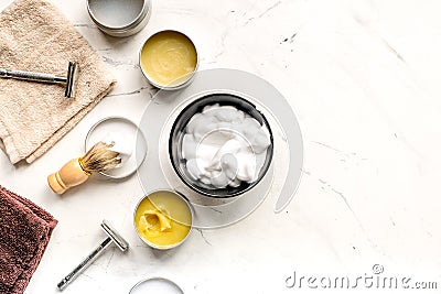 Babrer workplace with tools on white background top view mock up Stock Photo