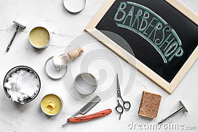 Babrer workplace with tools on white background top view Stock Photo