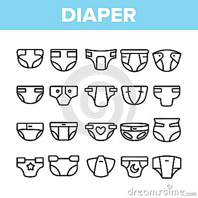 Baby Absorbent Diapers Vector Linear Icons Set Vector Illustration