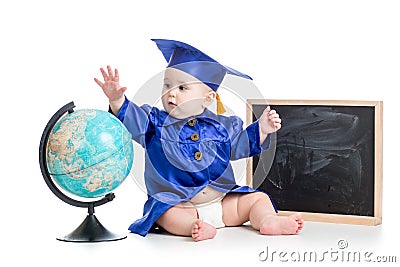 Baby in academician clothes with globe at chalkboard Stock Photo
