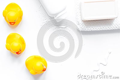 Baby accessories for bath with duck on white background Stock Photo