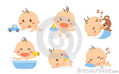 Baby activities set. Baby acting. Stock Photo