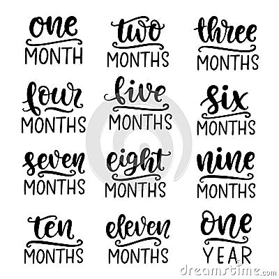 Baby age markers set. Vector monthly milestone cards 1-11 months and 1 year for girl or boy birthday Vector Illustration