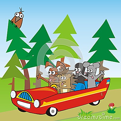 Baby animal and car, landscape with forest and bird, postcard Vector Illustration