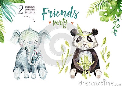 Baby animals nursery isolated illustration for children. Watercolor boho tropical drawing, child cute tropic elephant Cartoon Illustration