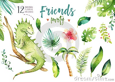 Baby animals nursery isolated illustration for children. Watercolor boho tropical drawing, child cute tropic iguana Cartoon Illustration