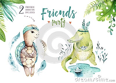 Baby animals nursery isolated illustration for children. Watercolor boho tropical drawing, child cute tropic turtle and Cartoon Illustration