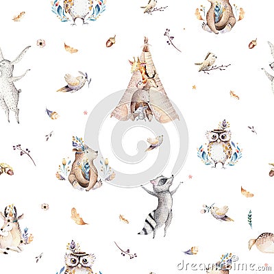 Baby animals nursery isolated seamless pattern with bannies. Watercolor boho cute baby fox, deer animal woodland rabbit Cartoon Illustration